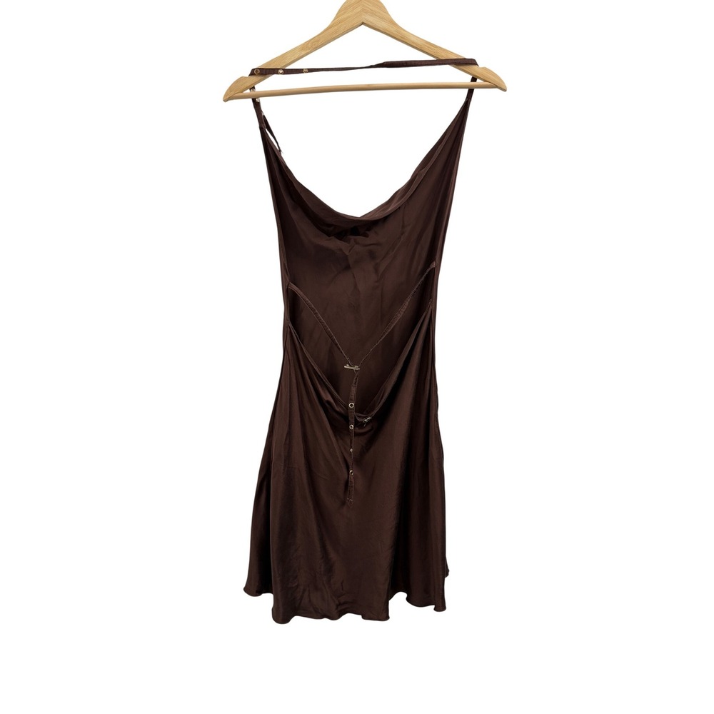 Heart of Sun Swim Chocolate Brown 100% Silk Cowl Neck Open Back Mini Dress M - Picture 5 of 7